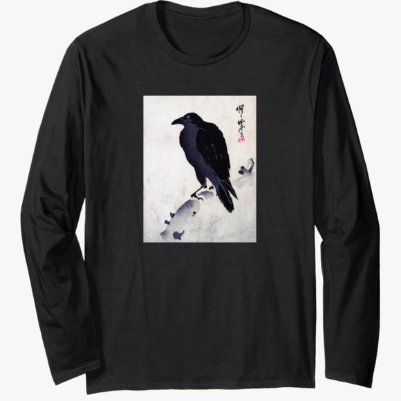 Black Long Sleeve Shirt With Japanese Kyosai Crow/Raven Art NEW - Picture 1 of 16